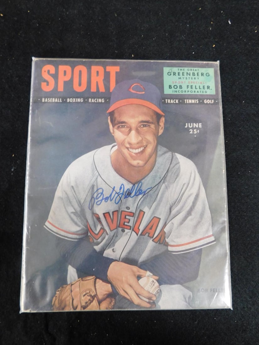 Bob Feller Signed "Sport" Magazine: Bob Feller Signed "Sport" Magazine, June, 1947, featuring: Feller on cover, signed in marker in center, June 25¢, in clear plastic sleeve. CONDITION: Minor cover wear from age, especially at edges.