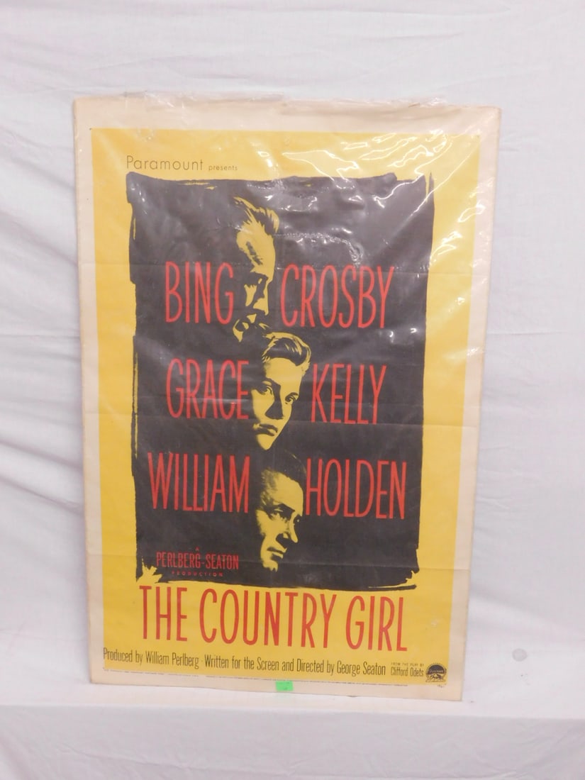 Vintage one Sheet Movie Poster "The Country Girl": Vintage one Sheet Movie Poster "The Country Girl" starring - Bing Crosby, Grace Kelly and William Holden, Paramount, 1954, National Screen Service, 54 / 417, 26 3/4" x 40 3/4". CONDITION: Visible fold