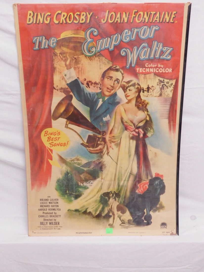 Vintage one Sheet Movie Poster "The Emperor Waltz": Vintage one Sheet Movie Poster "The Emperor Waltz", starring, Bing Crosby and Joan Fontaine, Paramount, 1948, National Screen Service, 48 / 813, 26 3/4" x 40 3/4". CONDITION: Visible fold lines, corne