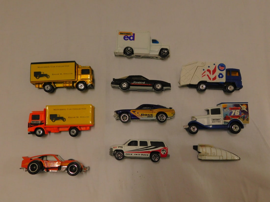 10 Unusal Matchbox Vehicle Magnets: Ten Unusual Matchbox Vehicle Magnets, including: Garbage Truck, Race Car, Cars and Trucks. CONDITION: Very good.