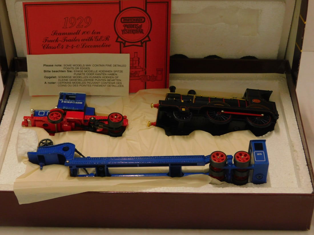 Model of Yesteryear 1929 Scammell Original Box: Model of Yesteryear 1929 Scammell Original Box, 100 ton truck - trailer with GER Class E4, 2-Y-0 Locomotive, like new in original box "Pickfords" Special Edition, 1989 with folded information card. CO