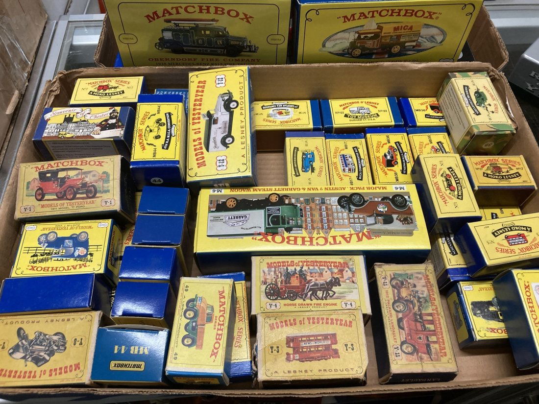 Empty Matchbox Models of Yesteryear boxes: Empty Matchbox Models of Yesteryear boxes, vintage 1960's through 90's (NO VEHICLES). Condition: some boxes have wear from age and use