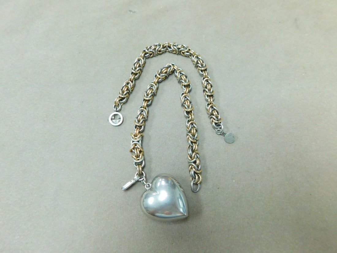 2 Sterling TT Byzantine Link Bracelets & Heart: Byzantine Link bracelet, 8" and 7 1/2". One has puffy heart drop 1 1/4" x 1". 2.76 ozt. CONDITION: Preowned, good, some tarnished.