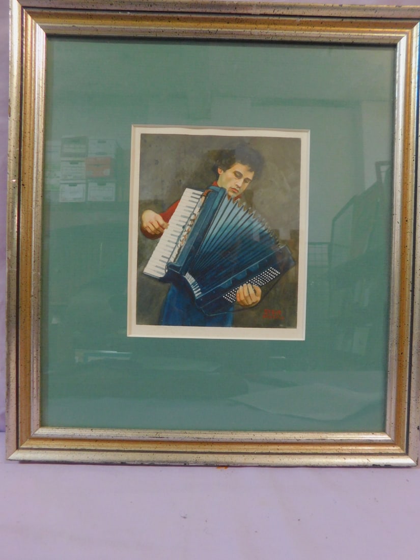 Steve Marko- Gouache- Accordion Player: Steve Marko- Gouache- Accordion Player, American 20th C, signed lower right, a 3/4" figure of a young man playing an accordion, sight 5 1/8" x 4 1/8", matted in distressed silvered wood frame, 11 3/4"