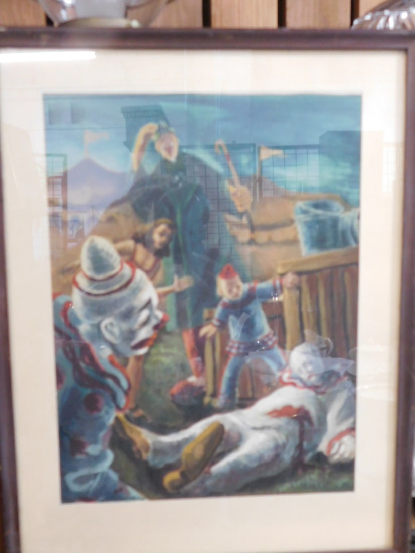 Clown Illustration Watercolor: Clown Illustration Watercolor, no signature found, American Illustration Art, a dead clown discovered by circus entertainers, early to mid 20th c, sight 11" x 8 1/4", wood frame 14 3/4" x 11 1/2". CON