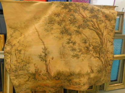 Wall Tapestry: Wall Tapestry, a pastoral landscape with three figures, 56" x 72", mounted on rod for hanging, early 20th C. CONDITION: Very good.