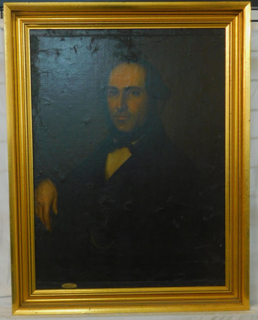 Early 19th C. Male Portrait Painting: Early 19th C. Male Portrait Painting, illegibly signed lower left, oil on canvas mounted on Masonite, half portrait of gentleman with bow tie, sight 32" x 24", gilt wood frame 37" x 29". CONDITION: Ar
