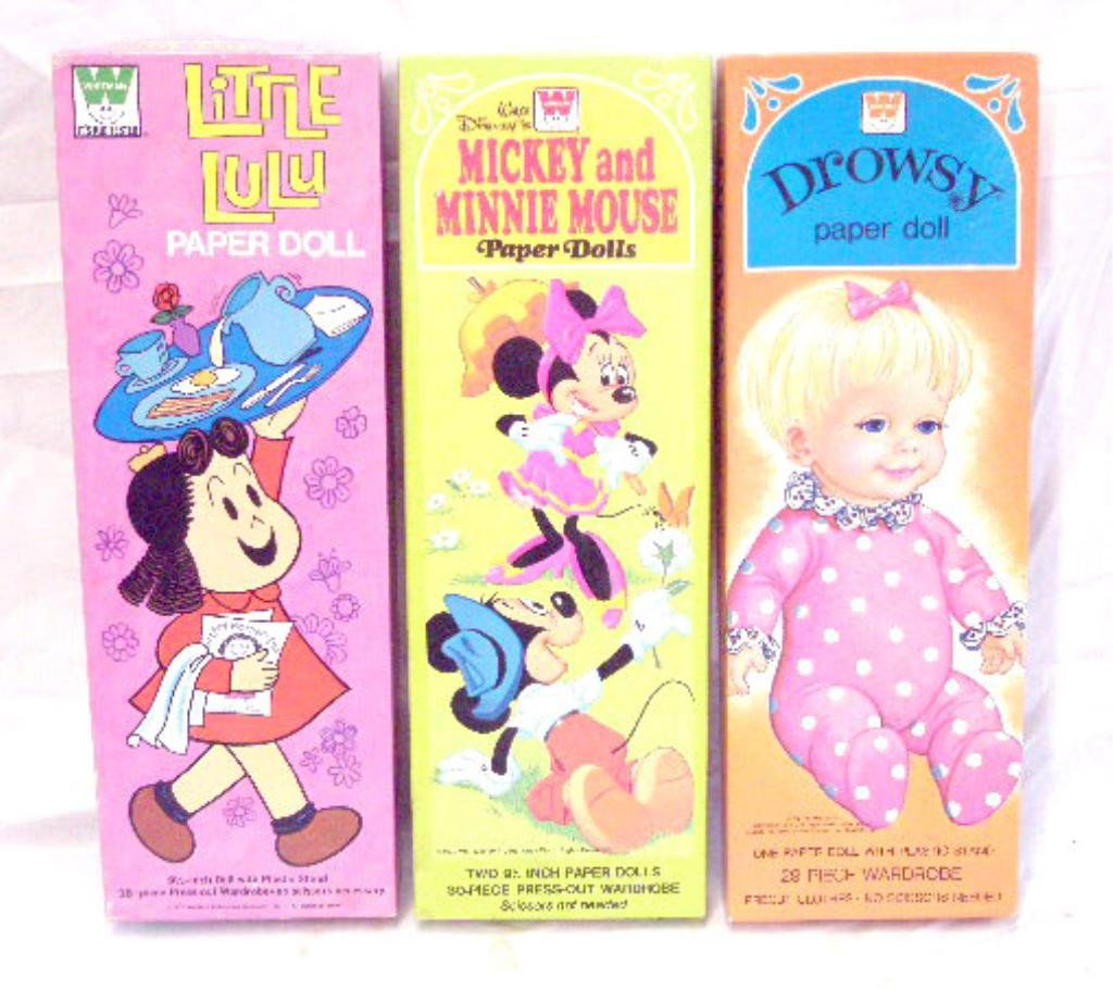 Western Publishing Company Paper Doll Sets: 1972 & 1975 Western Publishing Company boxed paper doll sets, Little Lulu, Mickey & Minnie Mouse & Drowsy CONDITION: All are complete & unused, boxes have wear.