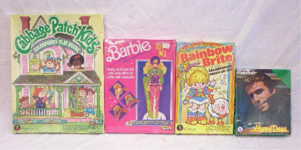 Happy Days Puzzle, Colorforms & Barbie Doll: 1976 Happy Days The Fonz boxed puzzle, 1983 Colorforms. Rainbow Brite & Cabbage Patch boxed sets &1991 Barbie Dress Up Doll, sealed in box. CONDITION: All appear to be complete, boxes have wear.