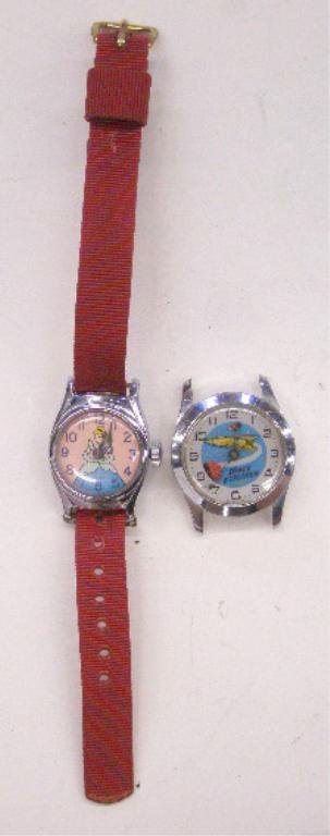 1950's & 1960's Child's Wristwatches: 1950's U.S. Time Walt Disney Productions Cinderella & 1960's Space Explorer child's wristwatches. CONDITION: Cinderella works with 1 hand detached, no stem or band for Space Explorer.