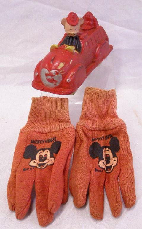 Mickey Mouse Fire Engine & Child's Gloves: 1940's Sun Rubber Company 6" hard rubber Mickey Mouse Fire Engine & 1960's Walt Disney Productions Mickey Mouse child's gloves. CONDITION: Both have wear.