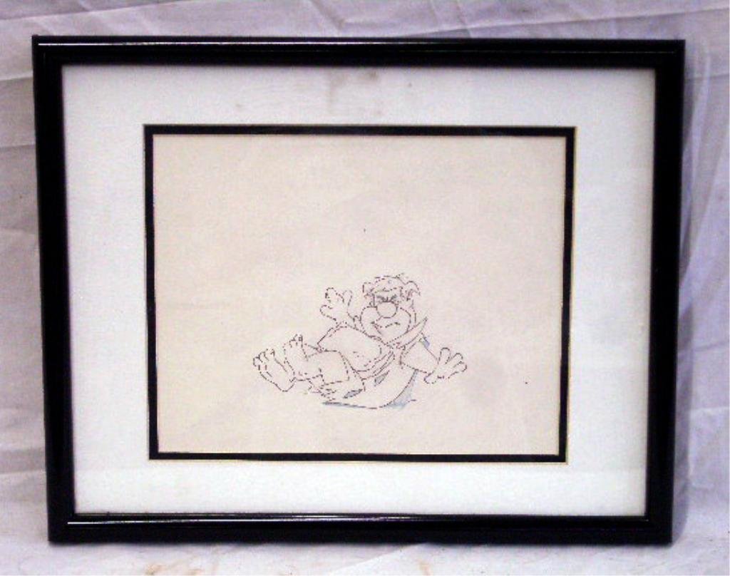 1970's Fred Flintstone Production Drawing: Framed 1970's Hanna Barbera The Flinststones "Fred Gets His Newspaper" 7 1/2" x 9 1/2" original pencil production drawing, overall size framed is 12" x 15". CONDITION: Very good with no damage.