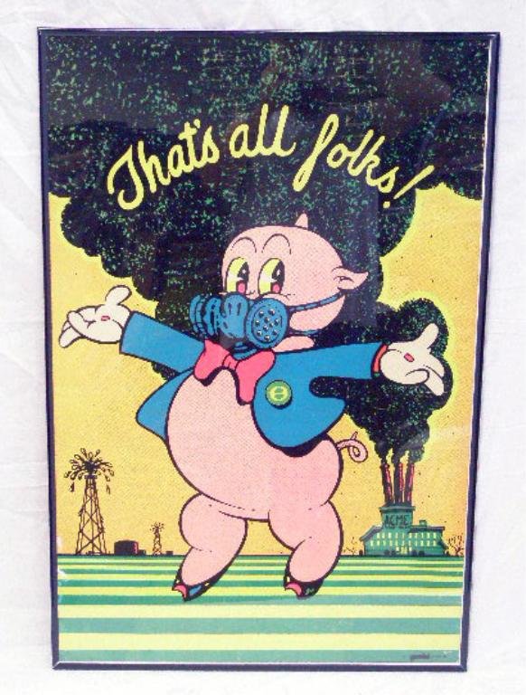 1971 Porky Pig "That's All Folks" Poster: Framed 1971 Gemini Rising Inc. 35 1/4" x 23 1/4" Porky Pig "That's All Folks" black light style poster, overall size framed is 36" x 24". CONDITION: Areas with wear.