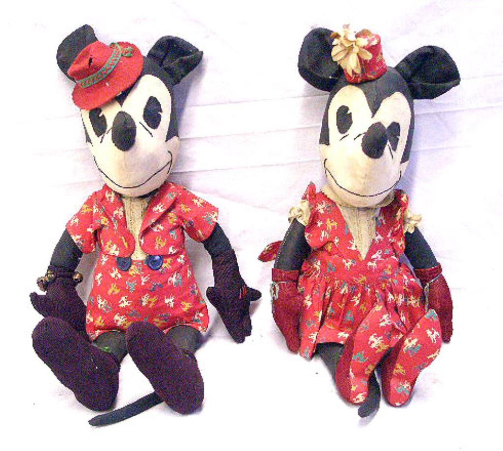 1940's Mickey & Minnie Mouse Dolls: 1940's Mickey & Minnie Mouse Simplicity pattern form 20" dolls. CONDITION: Both have minor wear & staining, tear on Mickey's hat.
