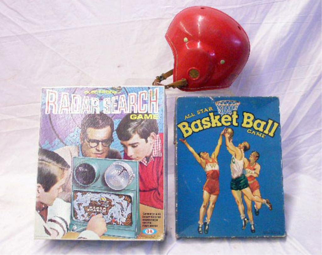 Vintage Games & Football Helmet: 1950's Whitman Publishing Co. All Star Basketball game with box, 1960's Ideal Toy Corp. Electronic Radar Search game with box & 1950's J.C. Higgins child's football helmet. CONDITION: All have wear &