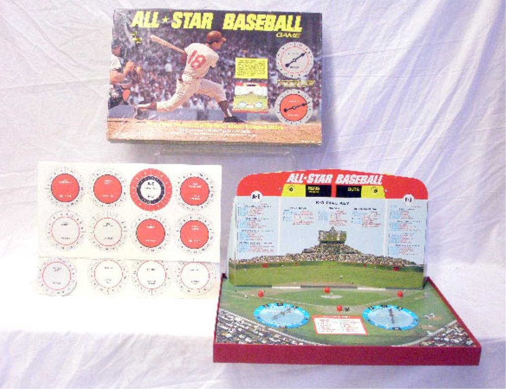 1970's Cadaco All Star Baseball Game: 1970's Cadaco Inc., All-Star Baseball game with box, player discs are undetached on sheets. CONDITION: Game board & discs have minor wear, box has wear & tearing.