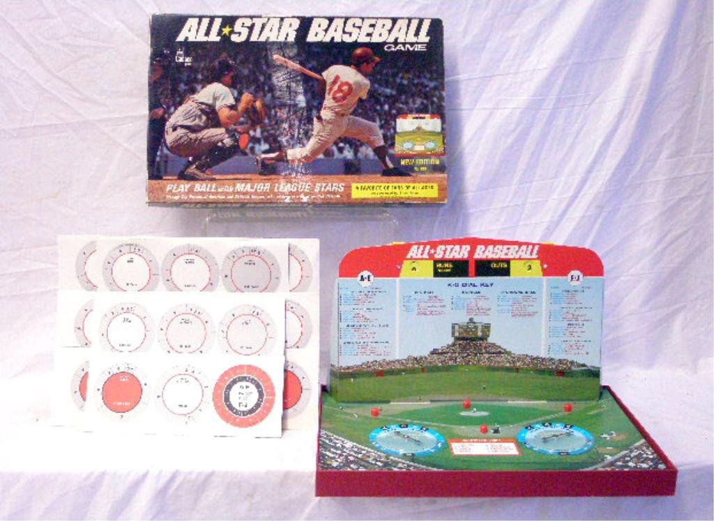 1970's Cadaco All-Star Baseball Game: 1970's Cadaco Inc, All-Star Baseball game with box, player discs are undetached on sheets. CONDITION: Game board & discs have minor wear, box has wear & tearing.