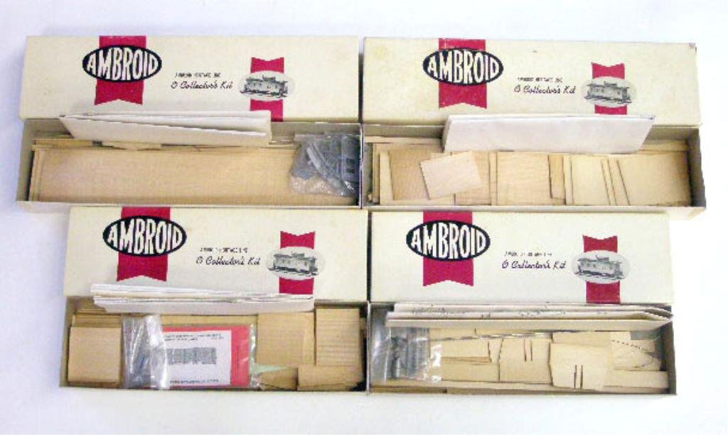 1960's Ambroid Model Train kits: Lot of four 1960's Ambroid Co, Inc. O scale Heritage Line model train kits with boxes, Pennsylvania 100 Ton 3 Bay Hopper, Pennsylvania X23 Boxcar, & Payroll car. CONDITION: All appear to be complete,