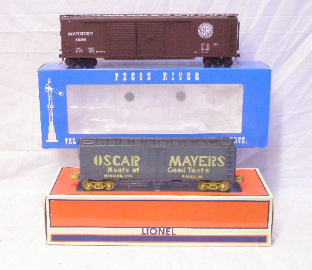 Lionel & Pecos River Boxcars: Modern era Lionel #17337 Oscar Meyer Meats Boxcar with box & Pecos River HR-0105-1 Southern Boxcar with box. CONDITION: Both have some form of wear, boxes have wear.
