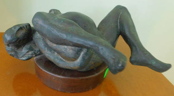 Stephen Robin Bronze Sculpture: Stephen Robin (1944 - 2018) bronze sculpture, "Woman in Labor", circa 1969, on round wood base, 13" x 6" x 11" with original inspiration watercolor sketch. comes with Certificate of Authenticity. Cond