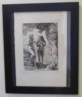 Framed Rembrandt Reprint Engraving: Framed Rembrandt reprint engraving, "Adam and Eve", on paper, in black frame, 9 3/4" x 11 1/2". Condition: very good