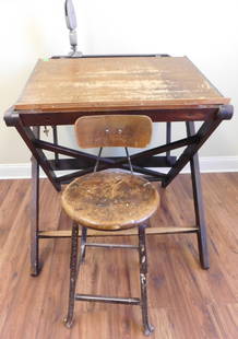 Vintage Wood Drafting Table: Vintage wood drafting table, with lamp and stool, oak with pine, adjustable height board, folding, metal and wood drafting stool, plus metal folding attachable lamp, 40" h. x 39" w. Condition: used,