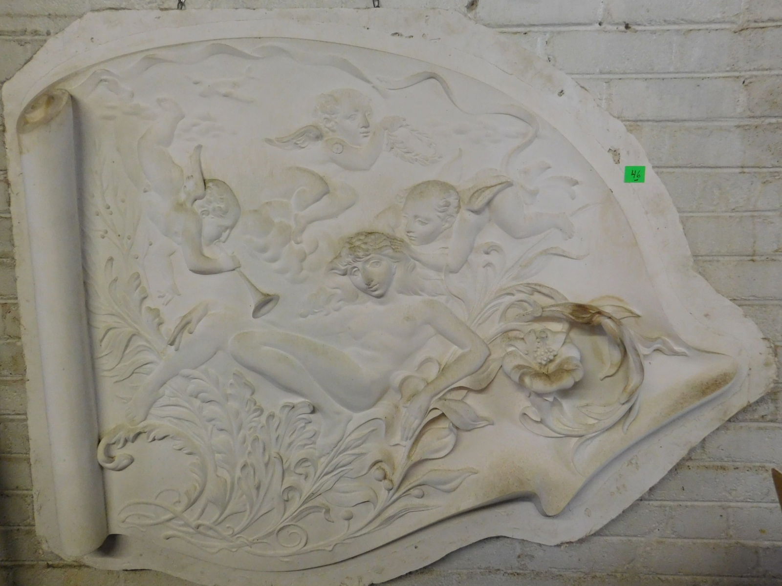 Stephen Robin out of mold Gypsum Wall Sculpture: Stephen Robin (1944 - 2018) out of mold, uncut, gypsum casting wall sculpture "Scroll", Nude Female reclining on acanthus leaves and flowers, surrounded by three cherubs (cherubs are artist's own self