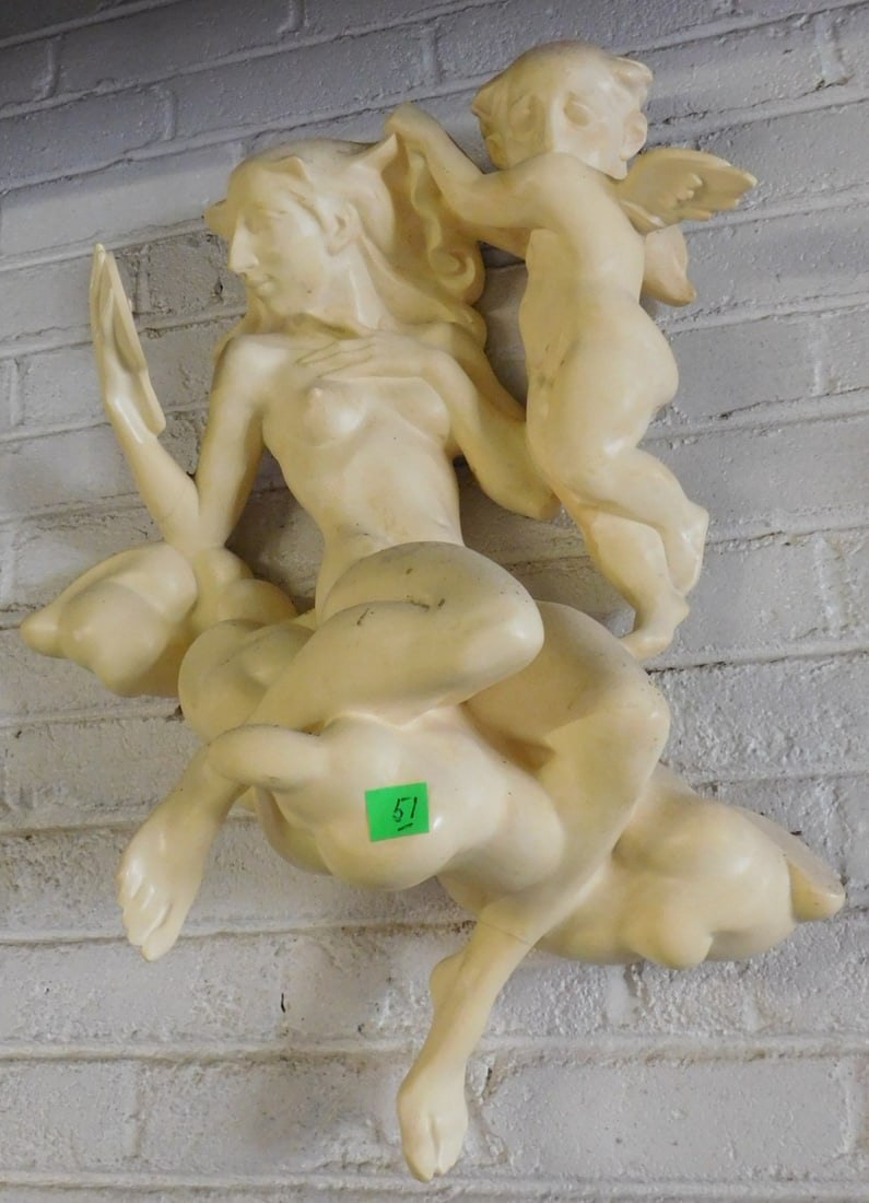 Stephen Robin Painted Resin Wall Sculpture: Stephen Robin (1944 - 2018) painted resin casting wall sculpture"Female Nude on Cloud with Cherub" (cherub is artist's own self portrayal as an older man), approximately 26" x 21" x 9", comes with Cer