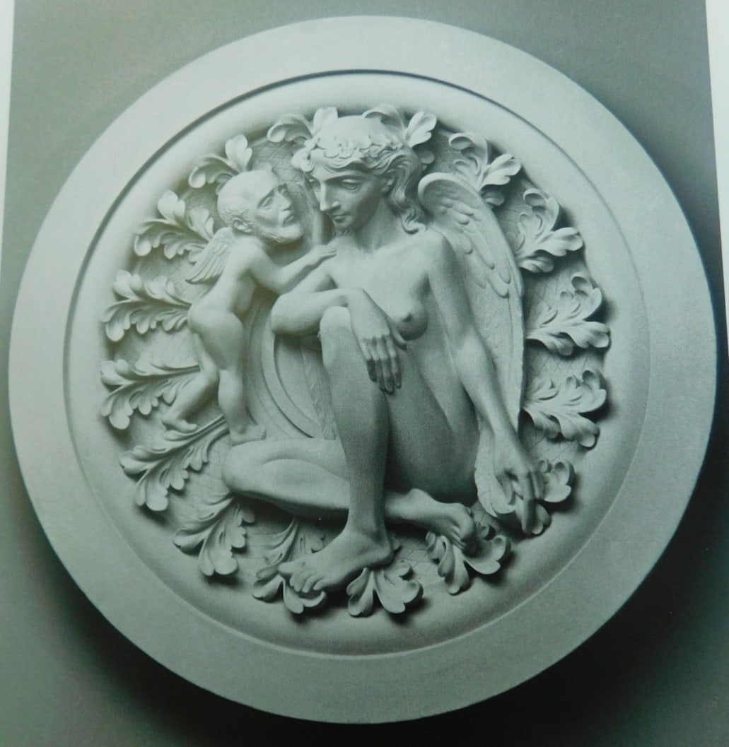 Stephen Robin out of mold, uncut Ultrecal Tondo: Stephen Robin (1944 - 2018) Ultracal casting Tondo out of mold, uncut, wall sculpture, Female nude Angel with cherub (cherub is artist's own self portrayal as an older man), high relief with foliate b