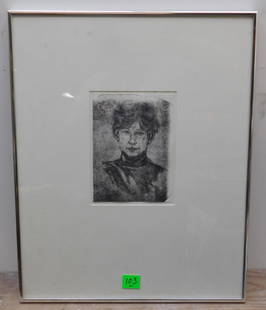 Framed Portrait of Woman: Framed portrait of Woman, possible charcoal on paper, unsigned, artist unknown, site = 5 3/4" x 7 3/4", matted in a 16 1/4" x 20 1/4" metal frame. Condition: very good