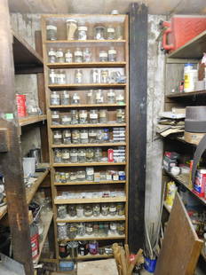 Contents of Tool Room: Contents of tool room including: nuts, bolts, nails and other hardware, assorted hand tools, jumper cables, grinding wheels, gas can, sanding belts, paint and other solutions, etc, Condition: used wit