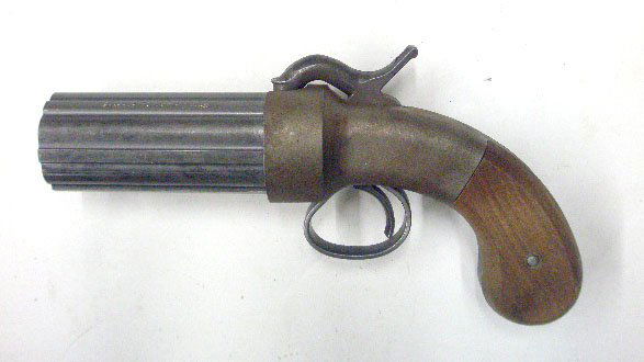 Ethan Allen Replica Pepperbox Pistol: Hoppe's Ethan Allen replica 36 cal. 6 shot Pepperbox percussion pistol. CONDITION: Areas with minor wear.