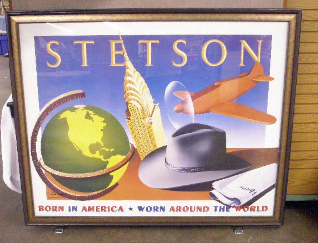 Razzia Signed Stetson Hat Poster: Framed 1999 Razzia signed 46" x 57" Stetson Hat advertising poster, "Stetson" Born In America, worn around the world, overall size framed is 50" x 62". CONDITION: Very good with no damage.