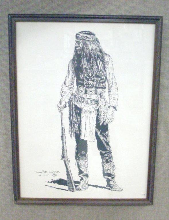 1967 Joe Grandee American Indian Print: Framed 1967 Joe Grandee 23 1/2" x 17 1/2" black & white American Indian brave print, overall size framed is 25 1/2" x 19 1/2". CONDITION: Very good with minor wear.