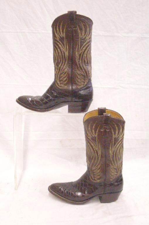 Nocona Leather & Crocodile Cowboy Boots: Nocona men's brown leather & crocodile western cowboy boots, size 8 D. CONDITION: Used with minor wear on leather & crocodile, soles have wear from usage.