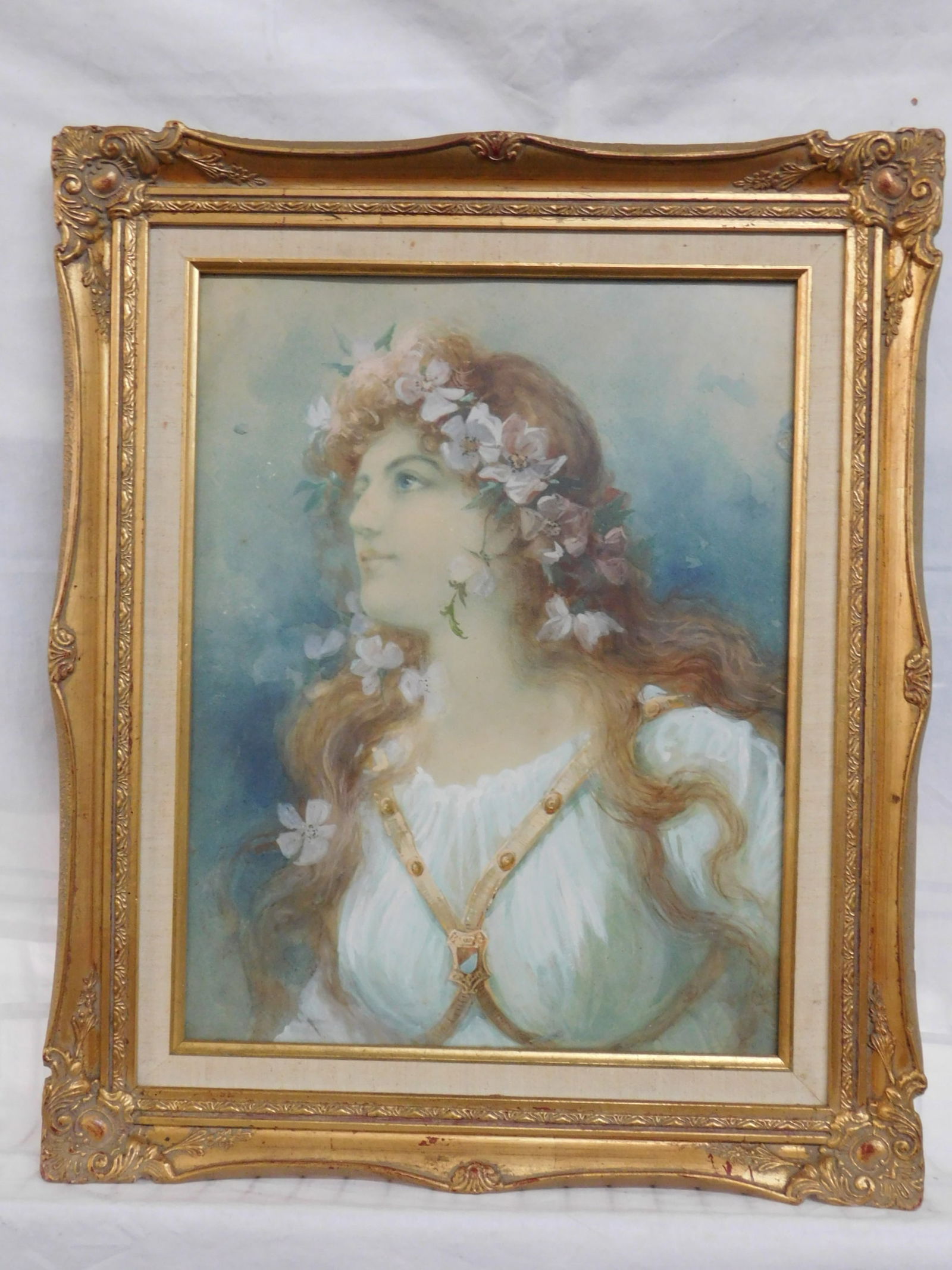 Sir Lawrence Alma - Tadema Portrait Painting: Sir Lawrence Alma - Tadema Portrait Painting, attributed to Dutch / English, 1836 - 1912, not signed, water color on cardboard and romantic portrait of beautiful young lady wit band of flowers in her