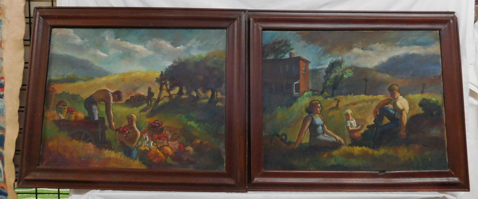 Pr John Ward Paintings: Pr John Ward Paintings, American b. 1915 award winning artist, oil on canvas, signed "Ward" on verso, depicts workers harvesting food crops and family picnic, circa 1930 - 40s, sight 20" x 26 1/2", mo