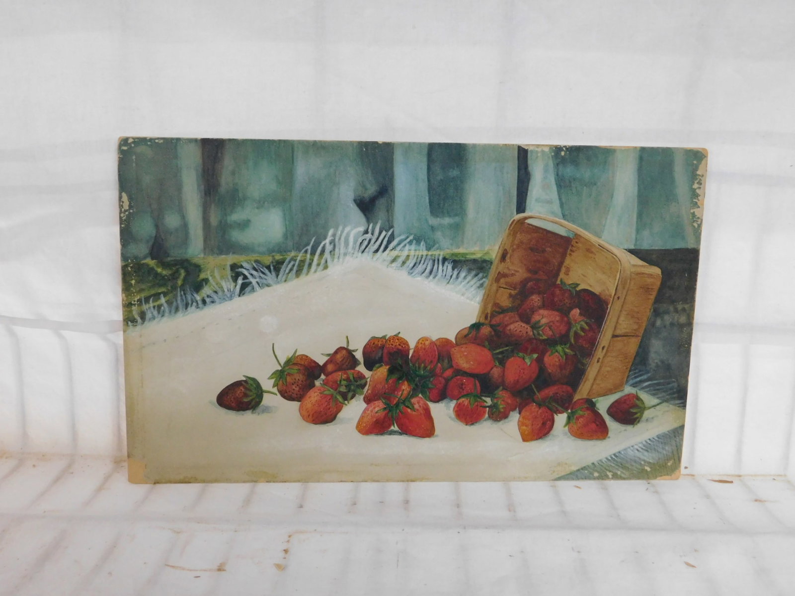 Strawberries Painting: Strawberries Painting, unsigned late 19th C, water color on artist board, spilled container of strawberries, unframed 6 3/4" x 11 1/8". CONDITION: Edge losses.