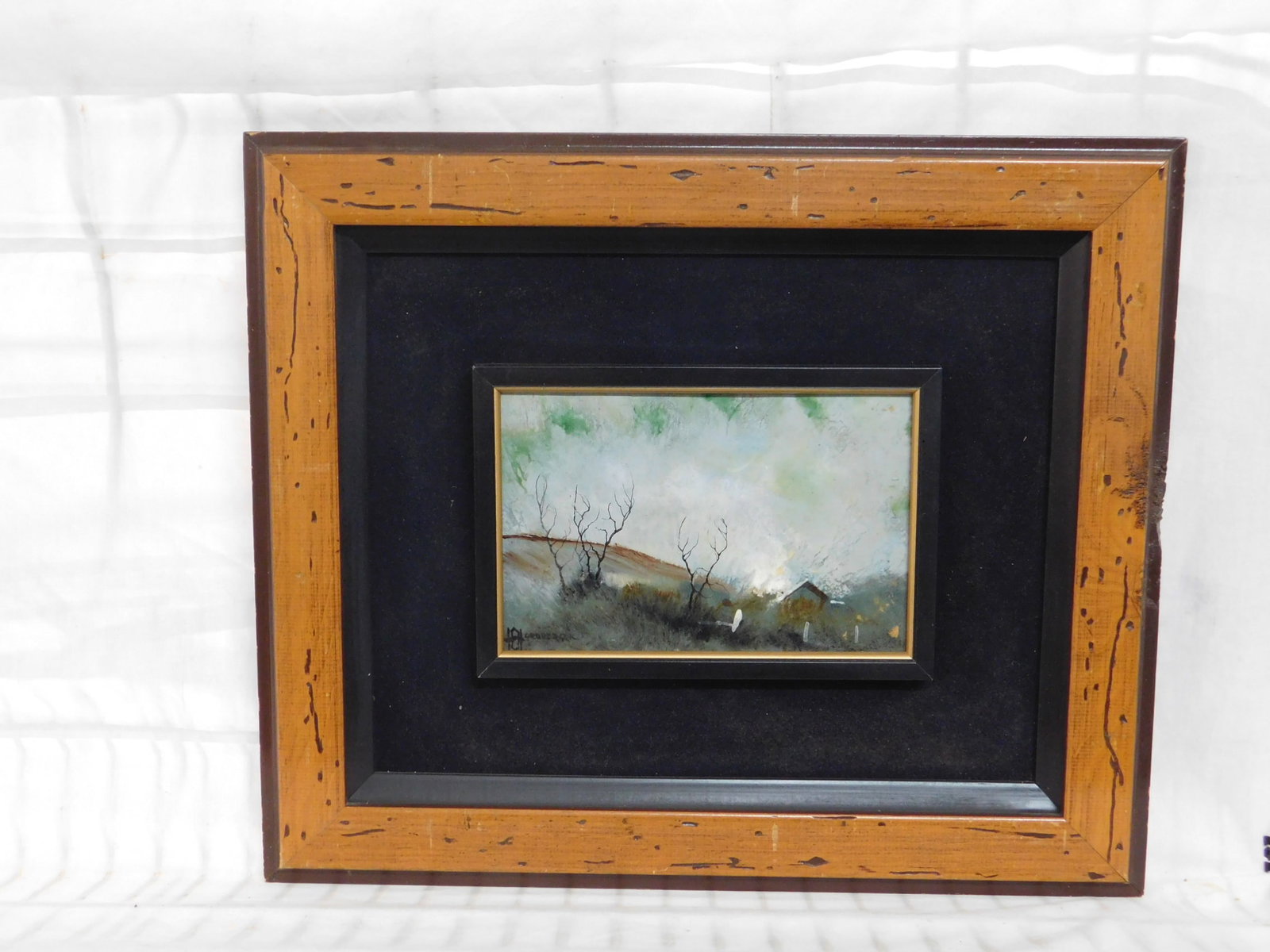 Don Hornberger, Landscape: Don Hornberger, Landscape, NY 1921 - 2006, signed, acrylic on slate, landscape with hill, house and baron trees, sight 5 1/4" x 8 1/2"; black inner frame on velour mat and distressed wood out of frame