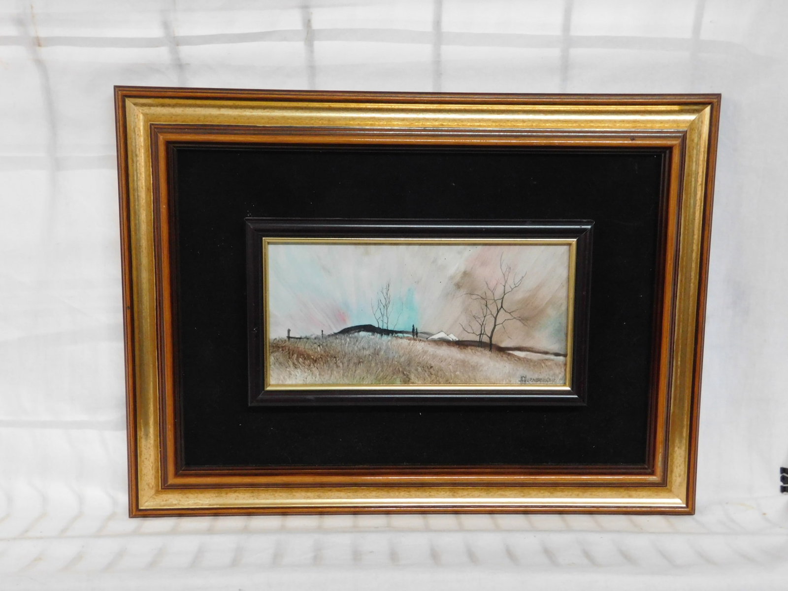 Don Hornberger, Landscape: Don Hornberger, Landscape, N.Y. 1921 - 2006, acrylic on panel, landscape with hill, fence and baron trees, sight 4" x 8", wood inner frame on velour, wood and gilt outer frame, 12" x 16 1/4". CONDITIO
