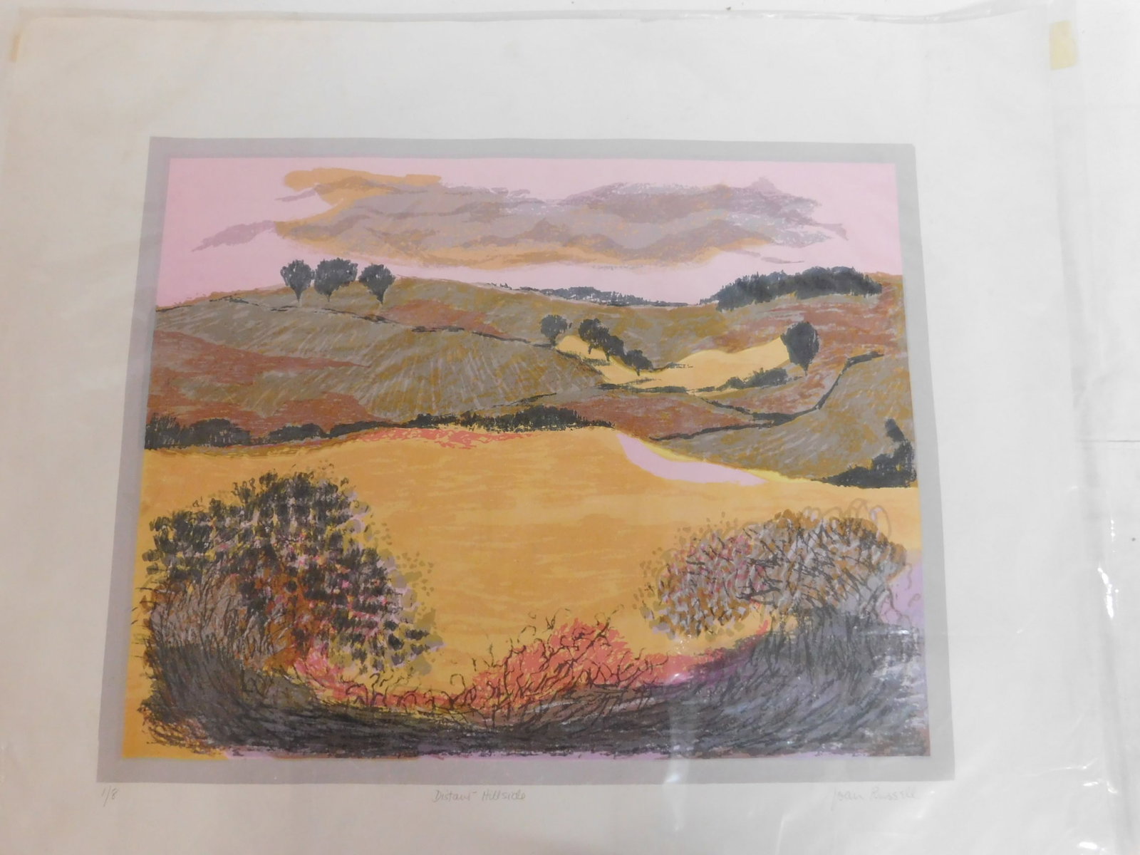 Joan Russell, Landscape: Joan Russell, Landscape, American 1931 - 2015, pencil signed 1/8, color lithograph, "Distant Hillside", unframed, 19 5/8" x 23". CONDITION: Very fine.