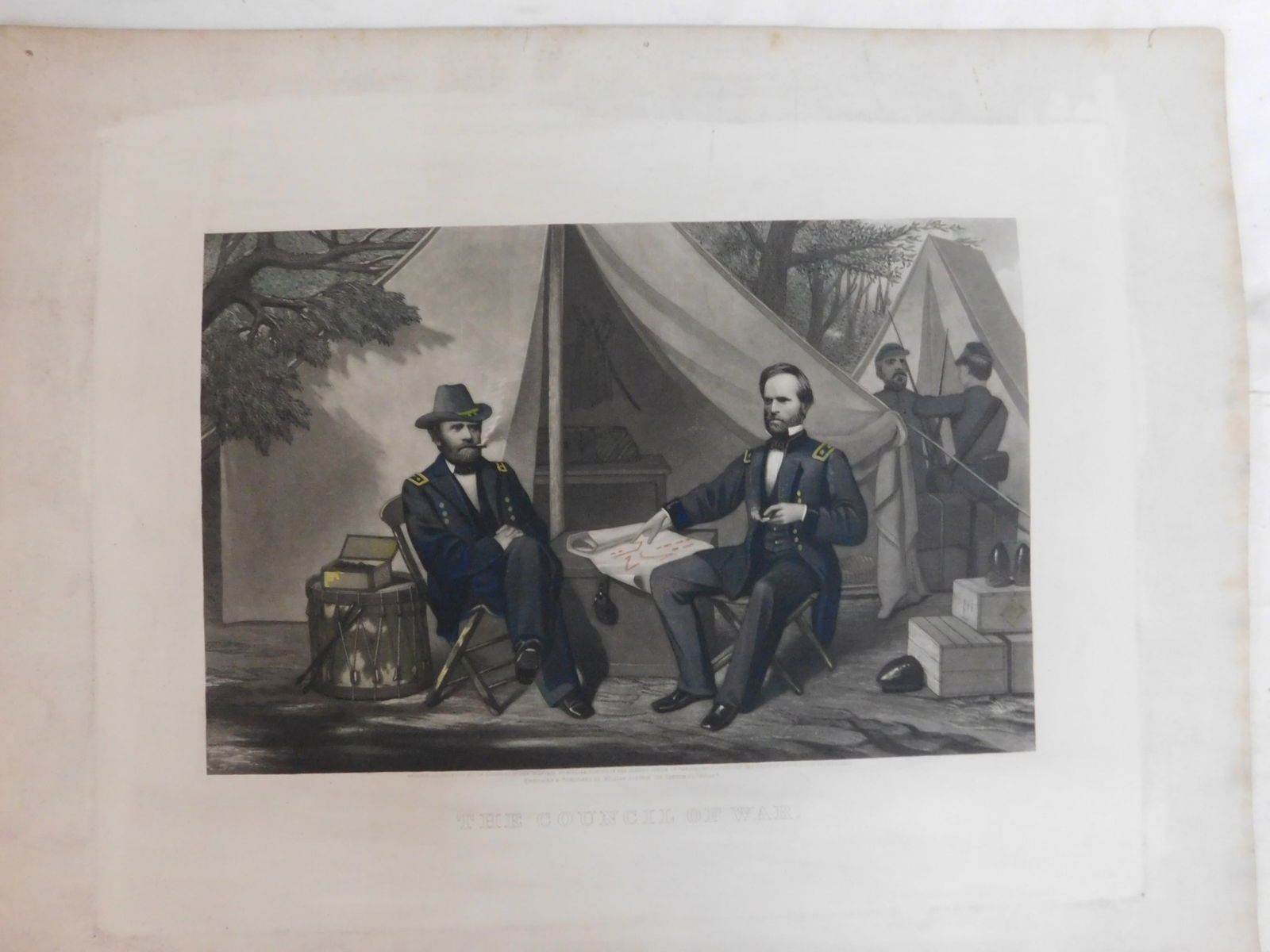 Civil War Steel Engraving: Civil War Steel Engraving "The Council of War", depicts Grant and Sherman in front of tent; engraved and published by William Sartain, Phila, PA 1885, unframed, paper size 15" x 19". CONDITION: Needs