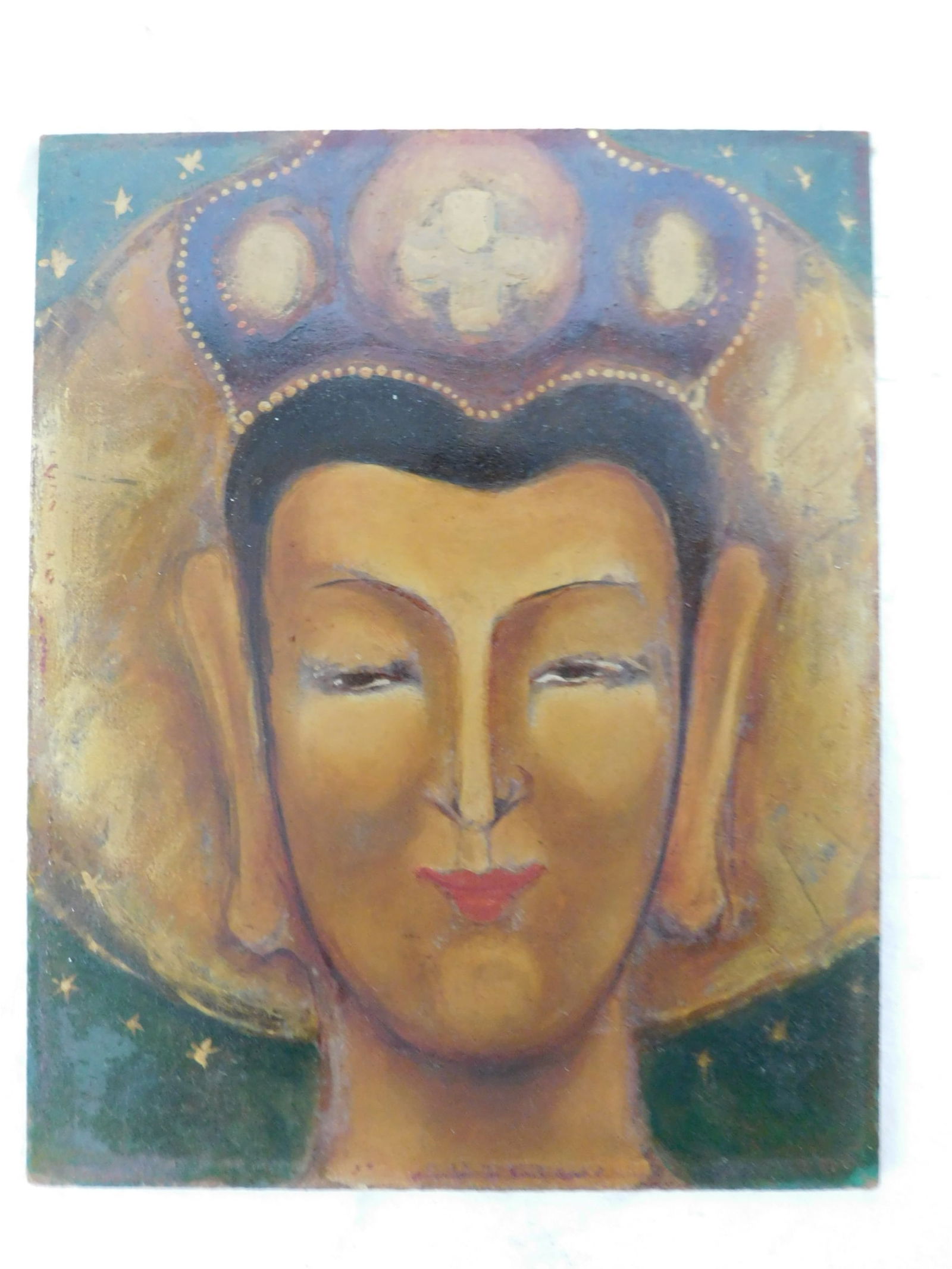 Buddha Painting: Buddha Painting, unsigned, oil on masonite panel, portrait of Buddha, unframed 10" x 8", mid 20th C. CONDITION: Very good.