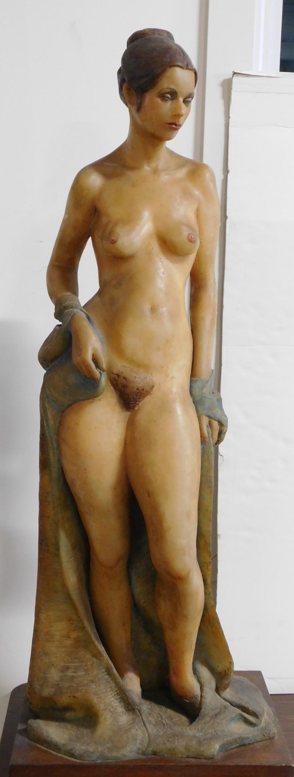 Cathy Hopkins - Nude Sculpture: Cathy Hopkins - Nude Sculpture, Phila, 1947-2023, unsigned, polychromed polyurethane resin, standing female nude with drape upon a wood base, circa 1969 - 1973, approx. 47'h, her works are in numerous