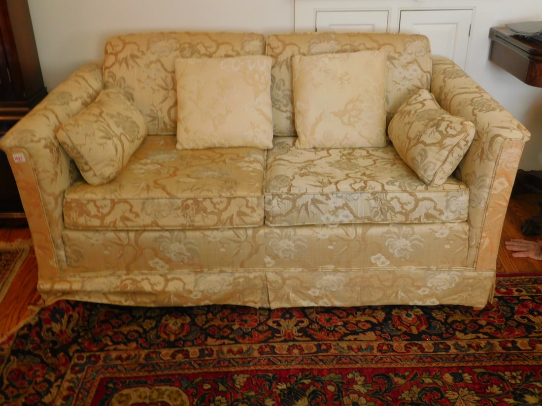 Upholstered Love Seat: Upholstered love seat, 5' Oriental tree design, champaign upholstery. Condition: very good, lightly used
