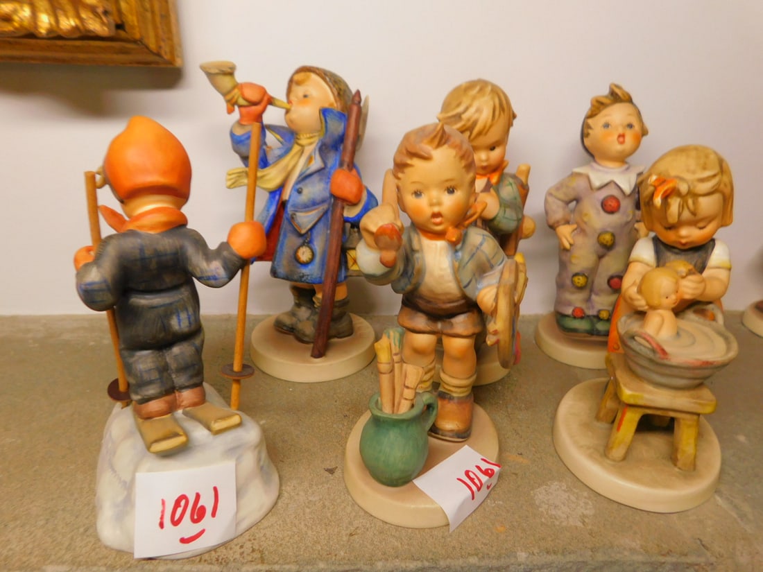6 Hummel Figurines: 6 Hummel figurines including: Clown, Skier, etc. stylized and 3 line marks Condition: very good