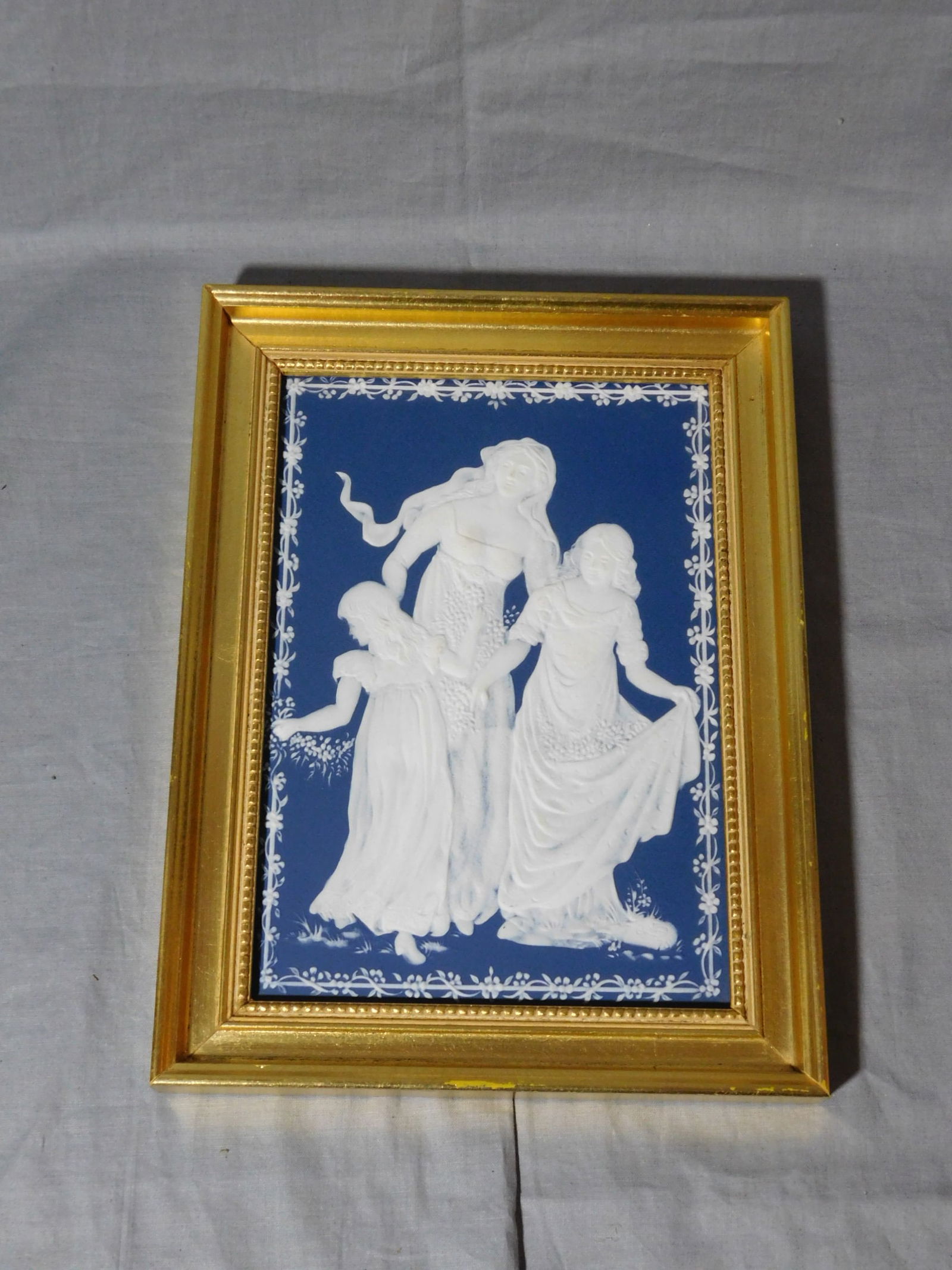 Villeroy & Boch Plaque: Villeroy & Boch plaque, Germany, blue and white jasperware, with Mother and 2 children c. 1978, limited edition, in a 9 3/4" x 7 3/4" frame. Condition: excellent