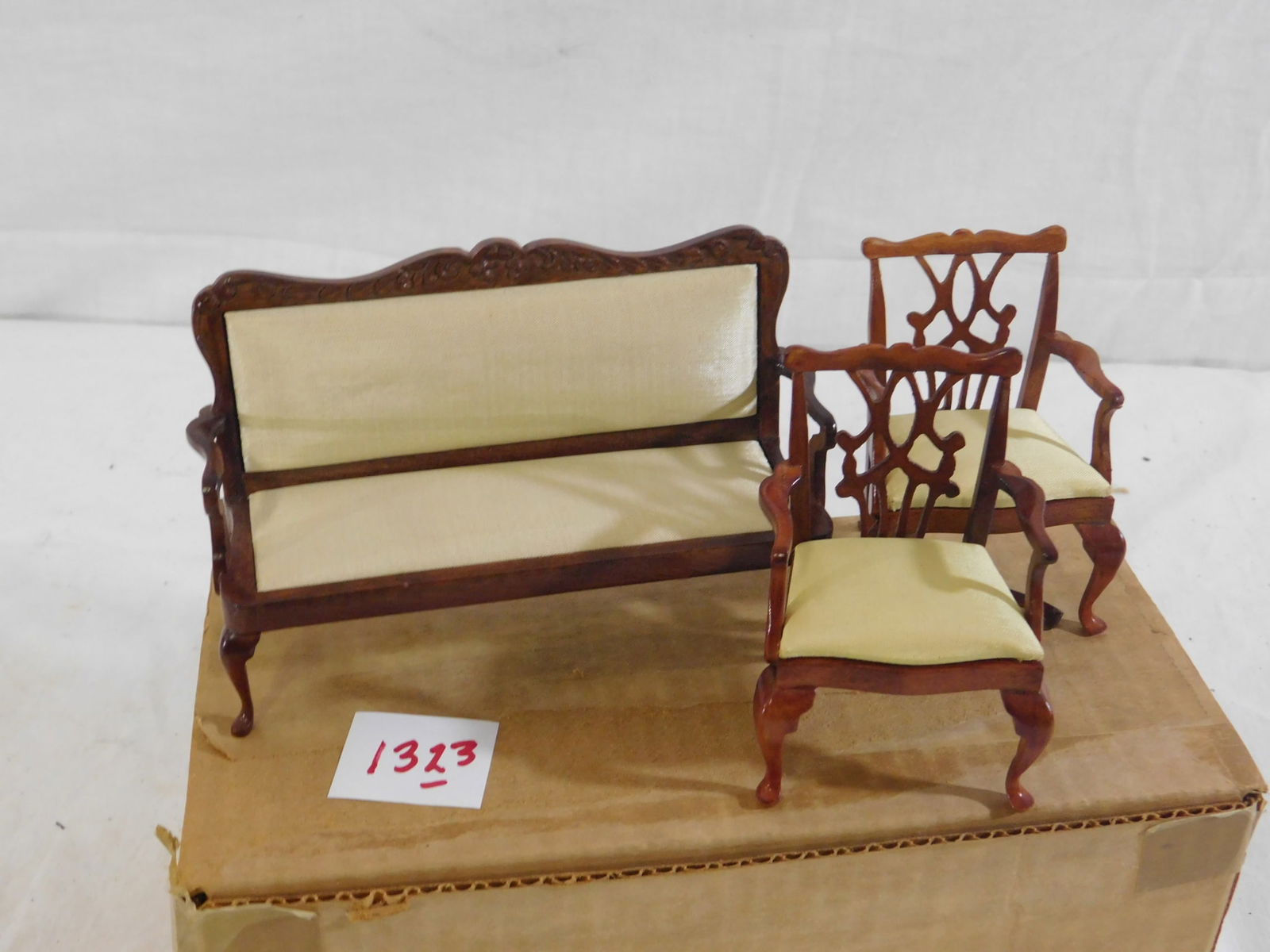 Doll House Furniture: Doll House Furniture, sofa and 2 arm chairs. Condition: one arm chair leg needs reglueing