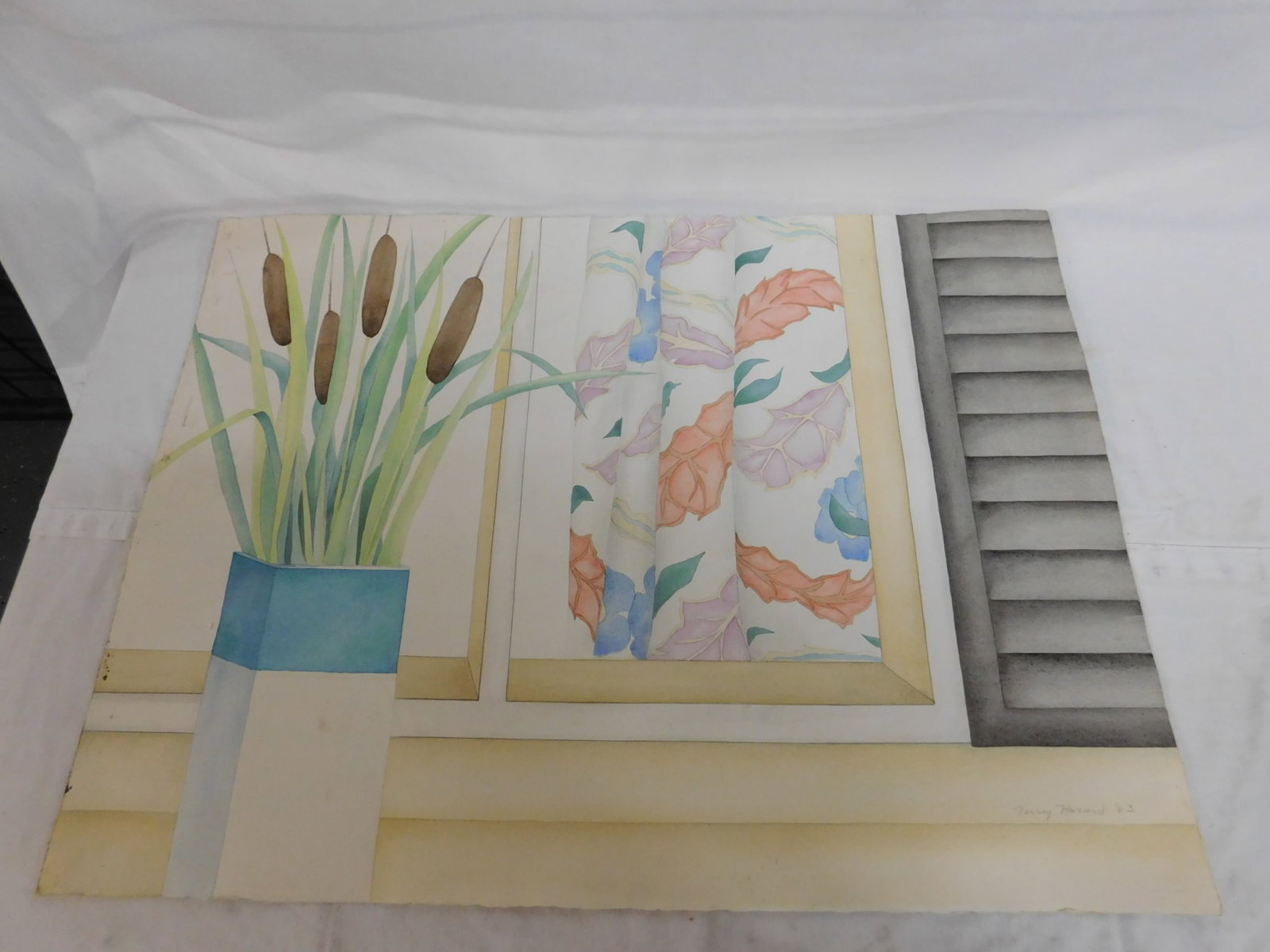 Terry Hazard, Water Color: Terry Hazard, Water Color, American 20th C, pencil signed, "83", water color and pencil on paper, exterior window with shutter, drapes and potted plant, 22 1/4" x 30", unframed. [254] CONDITION: Good,