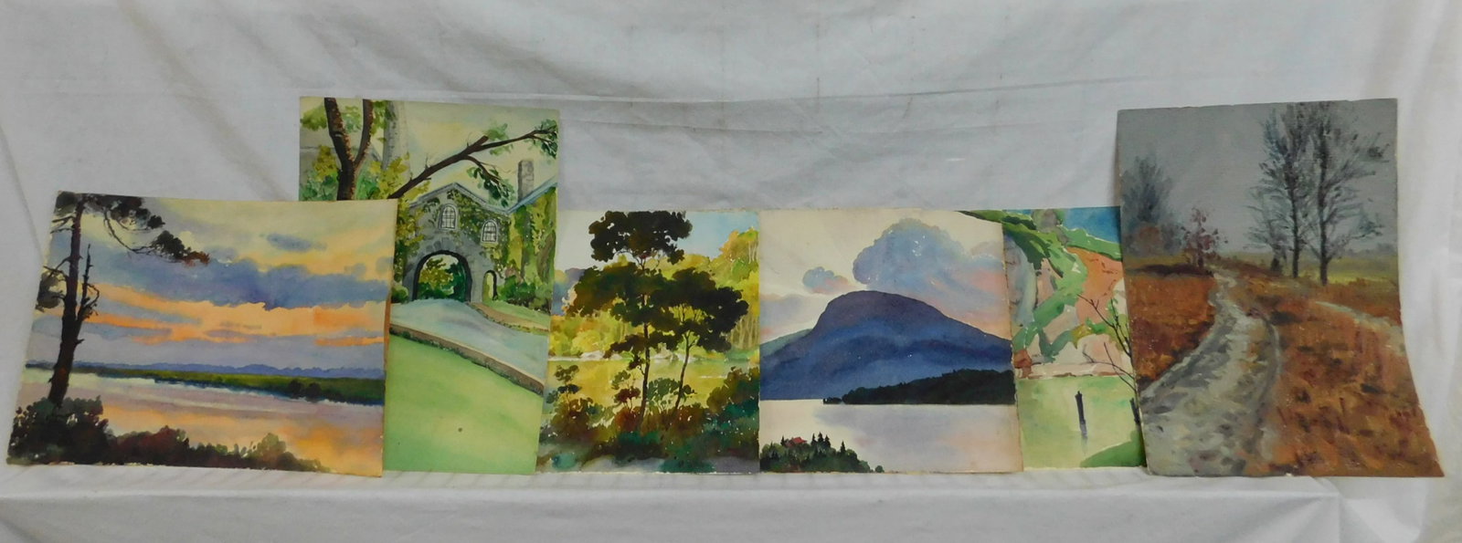 6 Bowman Landscape Water Colors: Six Bowman Landscape Water Colors, American Impressionist, one signed and dated "36"; unframed 10" x 14". [124]CONDITION: Very good,some edge wear.
